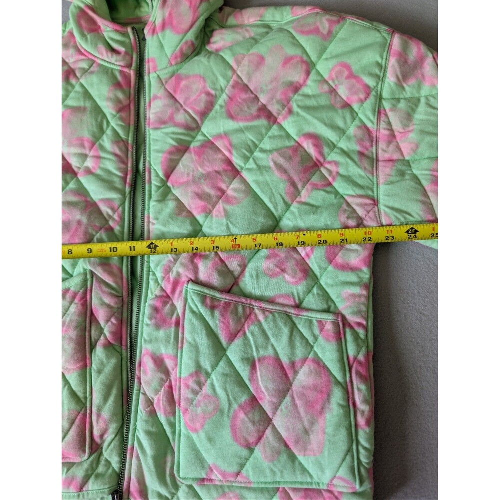Mint Green Pink Floral Quilted Hooded Puffer Statement Jacket Zip Up Size L - Picture 4 of 11